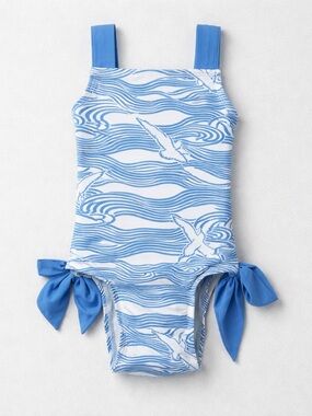 The Beaufort Bonnet Company Blue and white wave seagull print one-piece swimsuit
